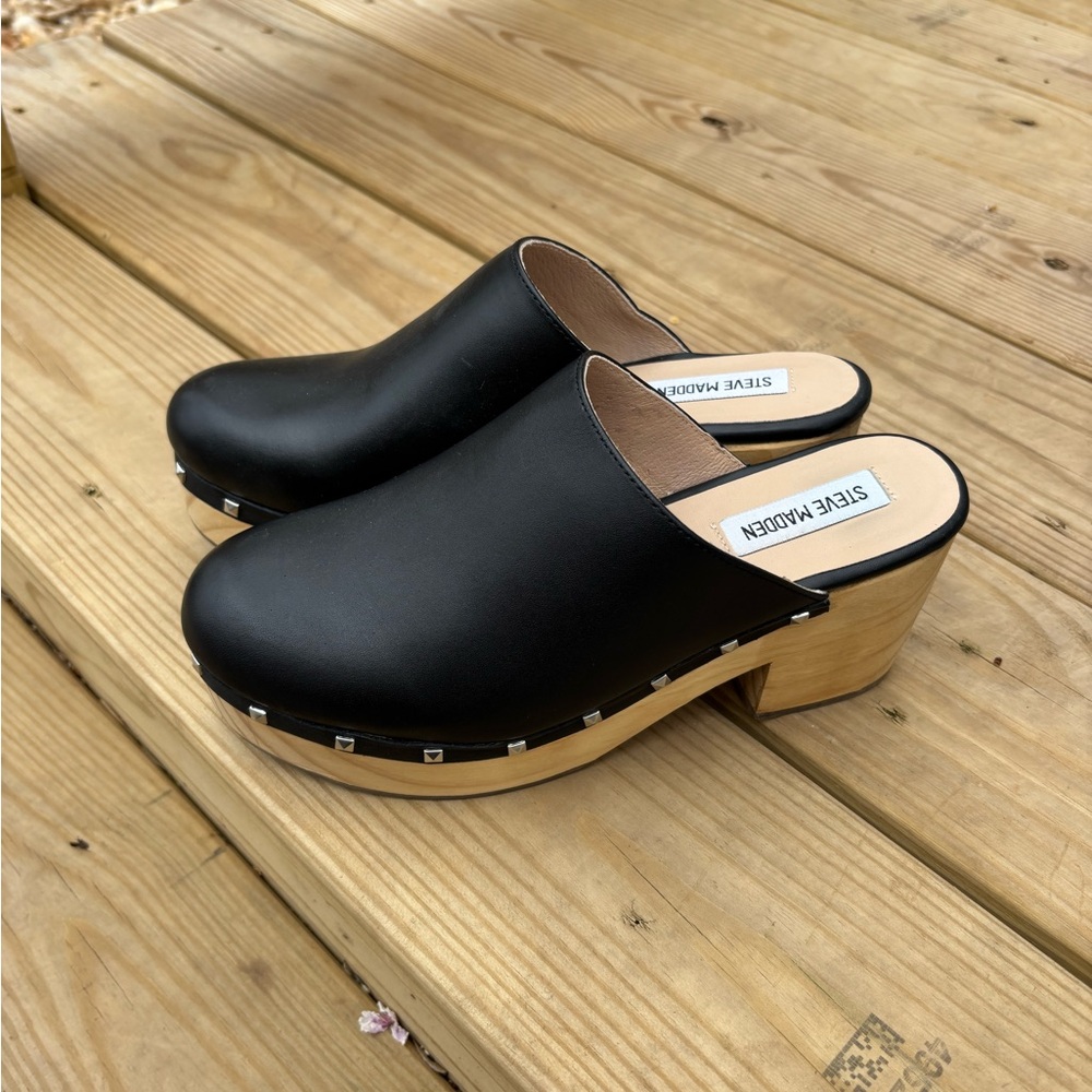 Steve Madden Black Brooklyn Clogs Mules Slides Boho Chic wooden bottom Size 8 - Picture 1 of 10